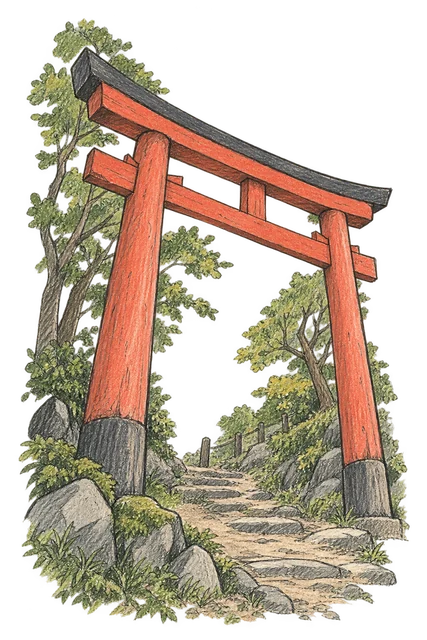 鳥居主題素描風卡通插圖