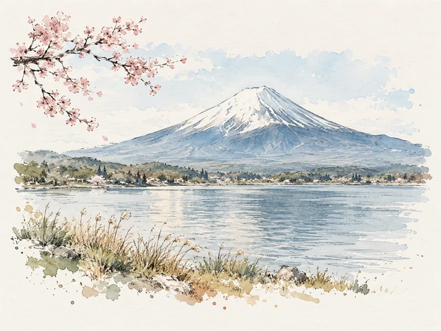 雪頂山峰立喺藍灰湖水後方,左上有淡粉色花枝,岸邊有綠樹同草叢。