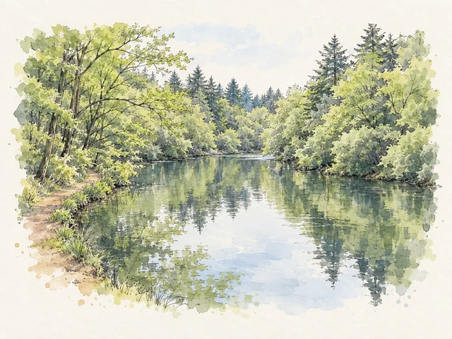 綠樹圍住平靜池水,樹影倒映水面,左岸有一條窄小徑。