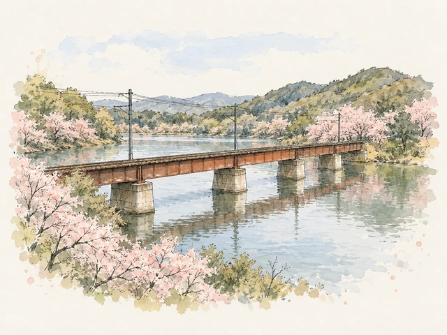 低矮啡紅色直橋橫跨池水,長方柱腳同岸邊粉紅樹叢倒映水中,後方係低山。