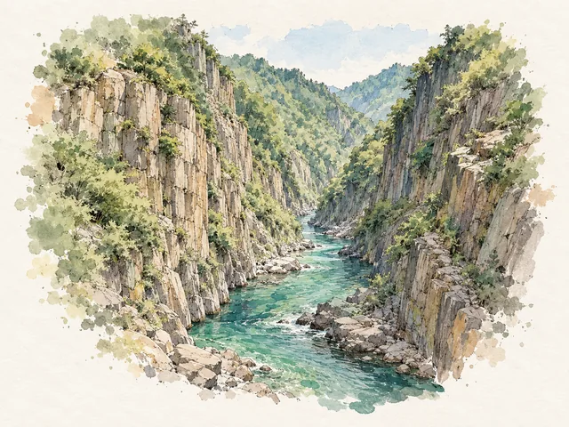 陡峭柱狀岩壁夾住藍綠溪流,崖頂同岩縫有綠色樹叢。