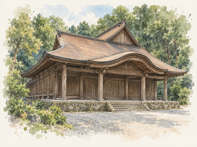褐色大屋頂同弧形前簷蓋住木柱廳堂,石階由石台通向前門,後面係綠樹。