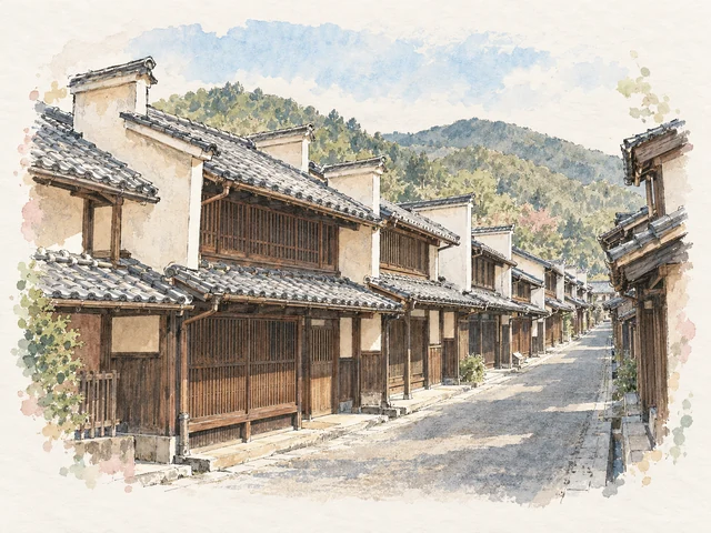 木格子商家沿直街排列,灰瓦屋簷之間有升高的淺色防火牆,後方係綠山。