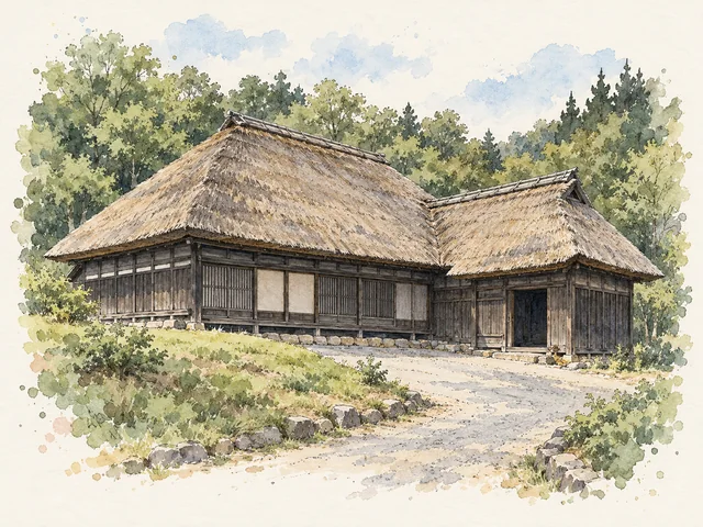 相連嘅茅草斜屋頂蓋住L形木屋,右邊有深色門口,碎石小徑穿過前方草地。