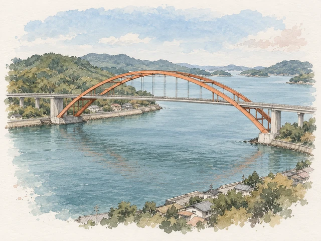 橙色鋼拱橋橫跨藍綠水道,橋拱兩端延伸至橋面以下,岸邊有低屋同綠山。