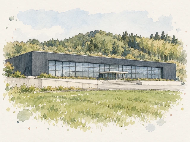低矮深灰平頂建築有大片格子窗同淺色入口簷篷,前方係混凝土平台同綠色田地。