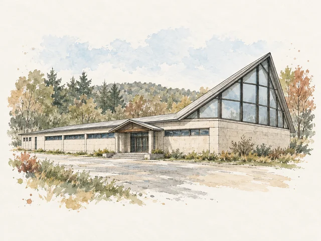 長形米白建築右端有高聳三角玻璃頂,中間入口配細小山形簷篷。