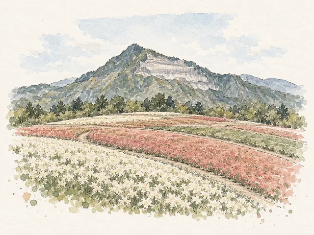 彎曲花田色帶伸向樹林，後方有帶水平淺色切面嘅不對稱山峰插畫。