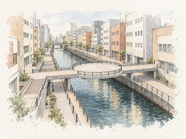 窄運河上有中央呈圓形廣場嘅橋,兩岸步道低於樓房嘅插畫。