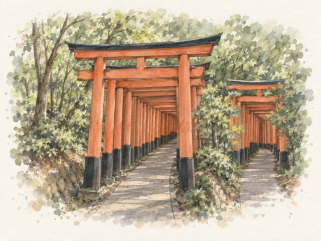 兩條朱紅鳥居通道穿入樹林,黑色柱腳同石路以墨線淡彩勾畫。