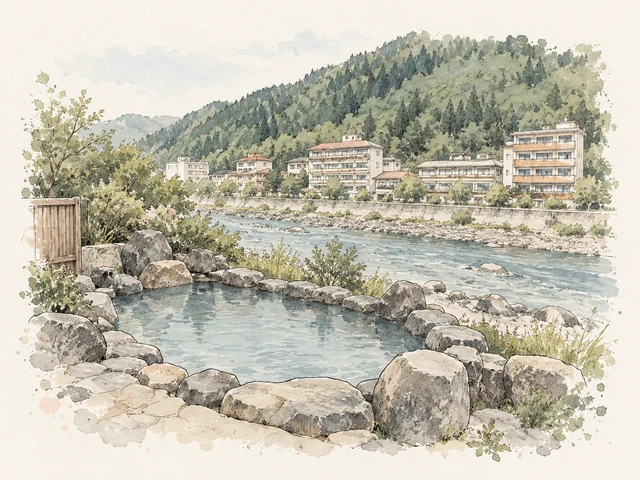 圓大石圍住淺藍灰水池,河岸對面有淺色多層樓群同綠色山坡。