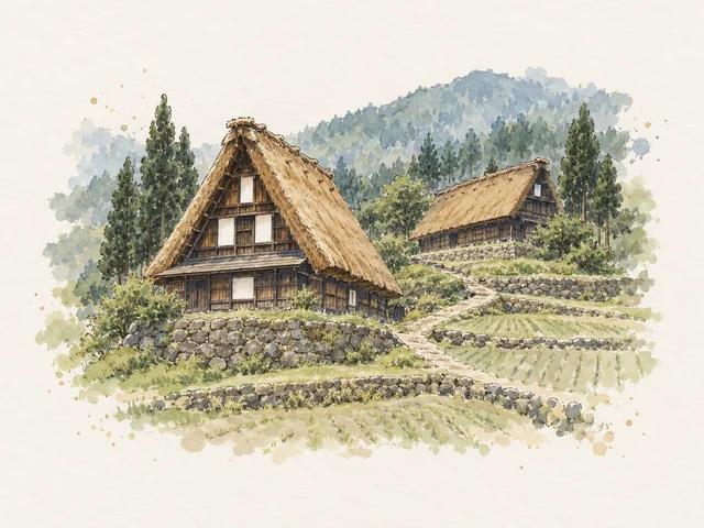 兩間陡斜茅草頂木屋企喺低石牆同淡綠田地之間,後方有高樹同山影。