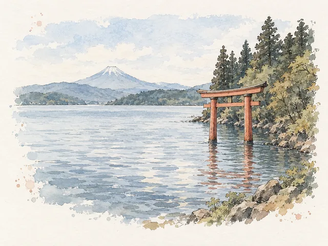 湖岸杉樹旁一座紅色鳥居企喺水中,遠方有淡色山峰嘅插畫。