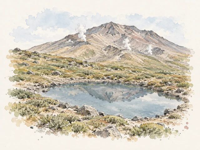 一個藍灰小池映住灰啡山形，山坡上有幾股淡色蒸氣。