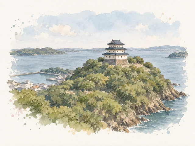 三重屋頂嘅米白色城樓立喺綠色半島小丘,兩邊見海水。