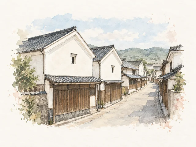 淺色小路穿過白牆木面屋，深色屋頂沿街排列。