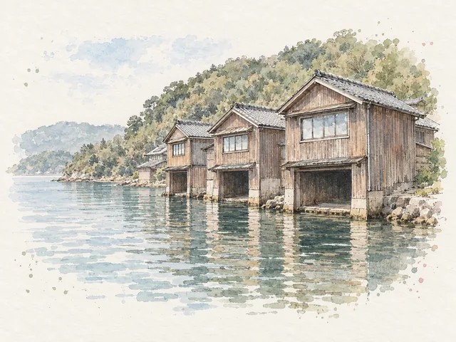 幾間兩層木屋貼住海灣水面,下層開放船庫口同灰色雙坡屋頂映喺水中嘅插畫。