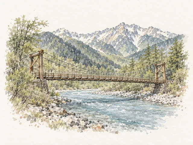 木造吊橋跨過淡藍灰河道，橋後有山形同疏落綠色樹叢。