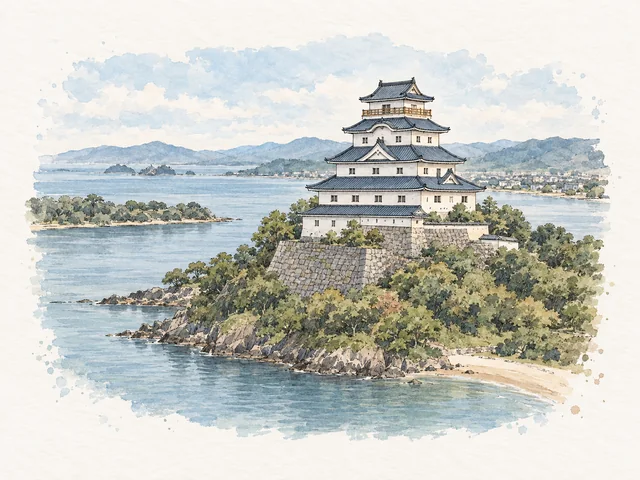 五道屋簷嘅白色城樓企喺石垣上,周圍有樹木同淡藍水面。