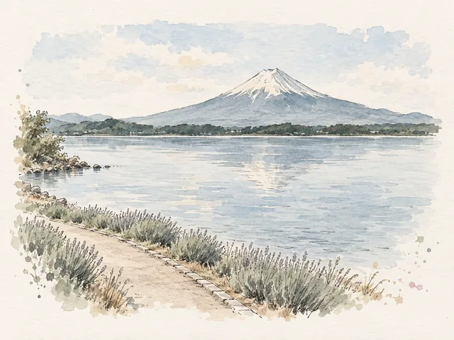 湖畔小徑同低矮草叢前方係平靜湖水,遠處有淡色山峰同倒影嘅插畫。