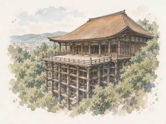 墨線淡彩描繪樹叢間嘅木造大屋頂、平台同高柱架，四邊留有白紙。