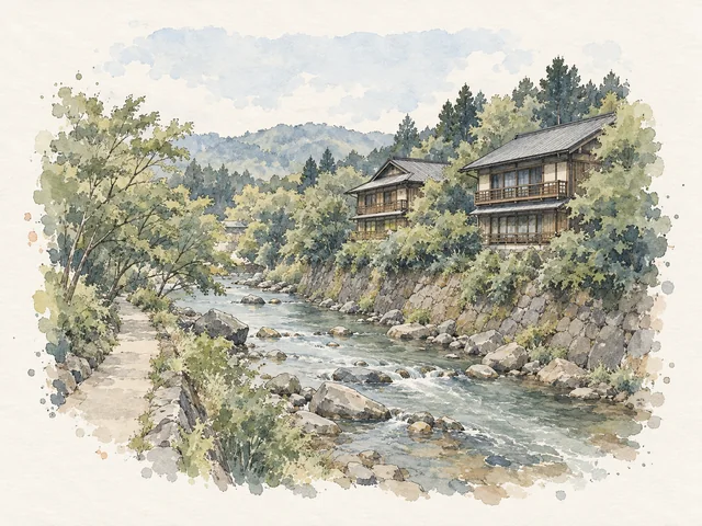 小河沿住石岸流過木造建築,兩旁有濃密綠樹。