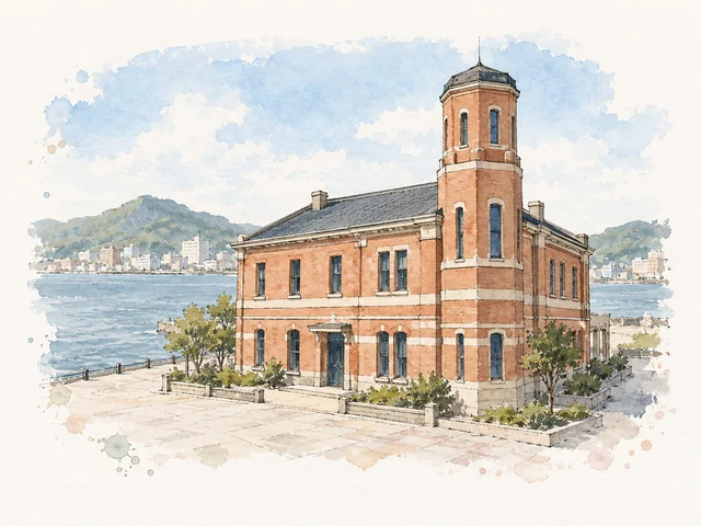 橙褐色兩層建築有米白色橫帶，一座八角塔屋高過主屋。
