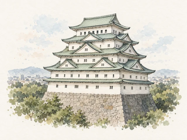 白色五層城樓配淡綠屋頂同三角山牆,立喺斜面石基上。
