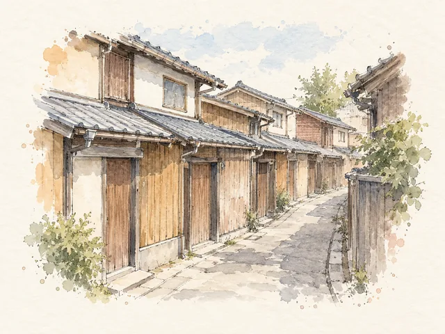 狹窄小巷沿住相連木屋轉彎,木門同低簷口一間接一間嘅插畫。