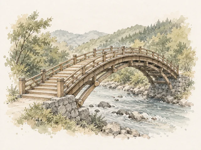 啡色木拱橋以彎曲欄杆同階級跨過淡藍河水,後面有疏淡樹林。