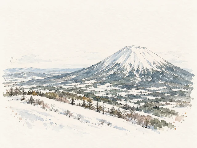 奶白色雪坡沿住圓緩山脊向下伸展,兩旁有稀疏綠色植被。