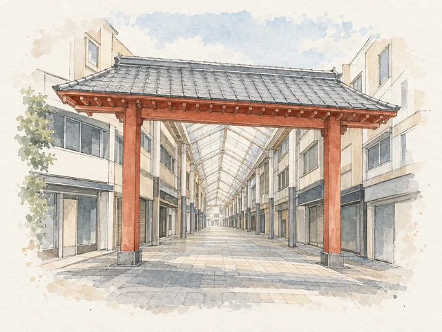 兩支紅柱托住闊身灰瓦簷頂,後面透光屋頂沿空置街道伸入遠方。