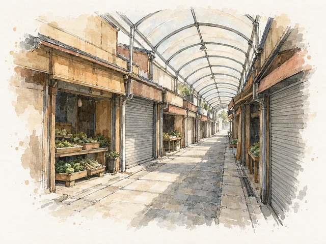 幼墨線拱形棚頂蓋住窄巷,兩旁有捲閘、店口同少量蔬菜。