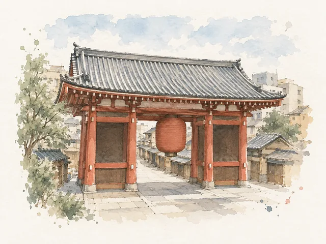 紅柱灰瓦大門中央掛住空白紅燈籠,後方延伸一條窄街嘅插畫。