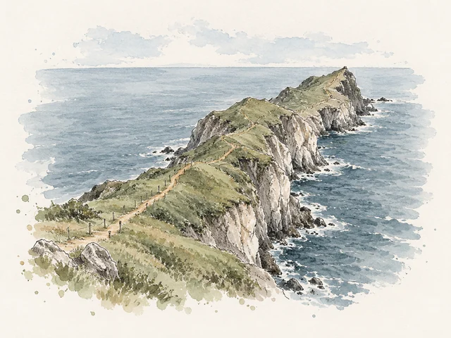 狹長綠色海岬伸入藍灰海面,山脊有細小步道,兩側露出灰色岩壁。