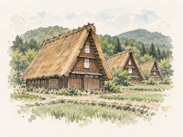 三間尖斜茅草屋頂木屋散落綠地上,以幼墨線、啡綠淡彩同白邊呈現。