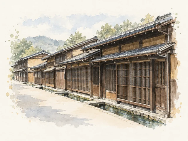 低矮木屋嘅格柵同長屋簷沿空街伸展，屋腳旁有一條窄水道。