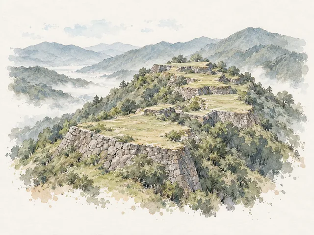 山脊上幾層粗石牆圍住草地平台，後方係重疊山巒嘅插畫。