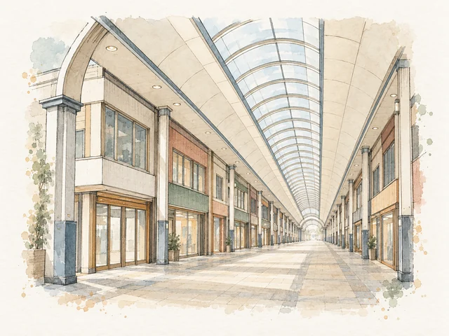 長形有蓋街道向內延伸,中央拱形透光屋頂兩旁係平直頂板。