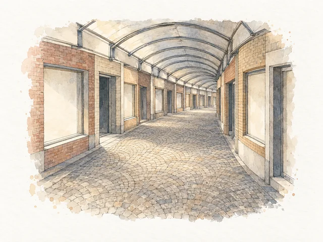圓弧石磚路通入拱形金屬頂商店走廊,兩旁係空白門窗。