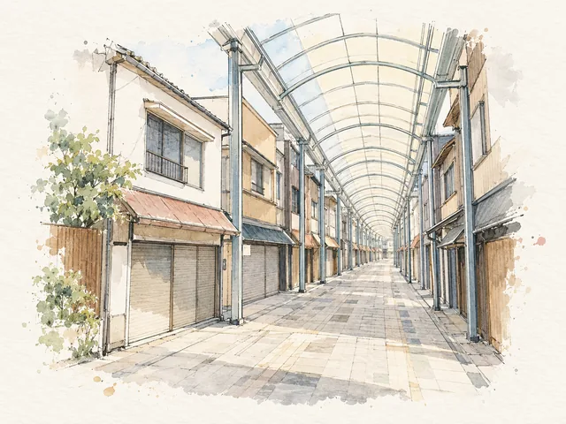 淺色頂蓋同纖細屋架覆蓋長窄通道,兩旁係空白店面嘅插畫。