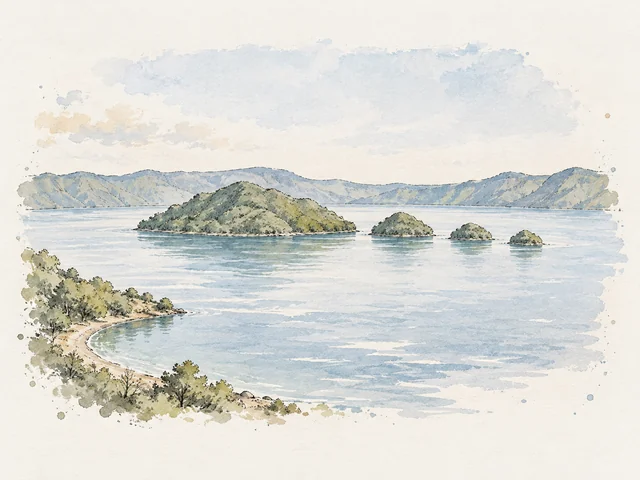 藍灰湖面圍住一座較大綠島同幾座細小島嶼，前方有淡色湖岸。