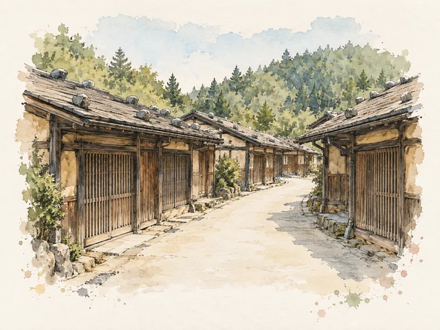 低矮木屋沿空街伸延，斜屋頂上有灰色石塊，後面係淡綠樹林。