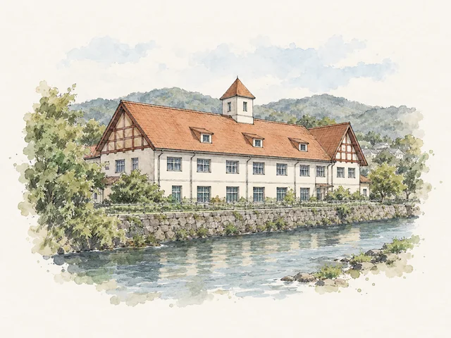 橙色斜屋頂同小尖頂之下係米白兩層建築,前面有石岸同河水。