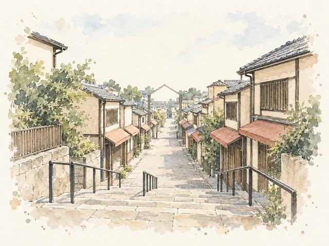 石階同欄杆通向兩旁有低矮店舖嘅窄街,遠處有空白門架嘅插畫。
