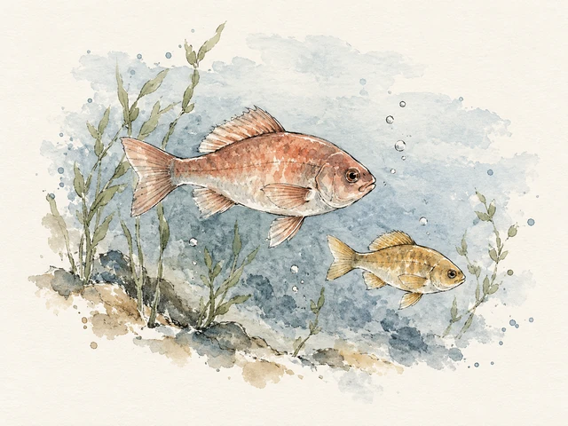 兩條橙啡色魚喺藍灰水彩之間游過,旁邊有幼長水草同氣泡。